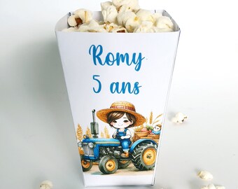 Boite pop corn, lot de 8 pots, anniversaire enfant, décoration ,pop corn, aquarelle personnalisée, fermière,tracteur