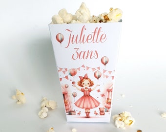 Boite pop corn, lot de 8 pots, anniversaire enfant, décoration ,pop corn, aquarelle personnalisée, jongleuse rose, thème cirque