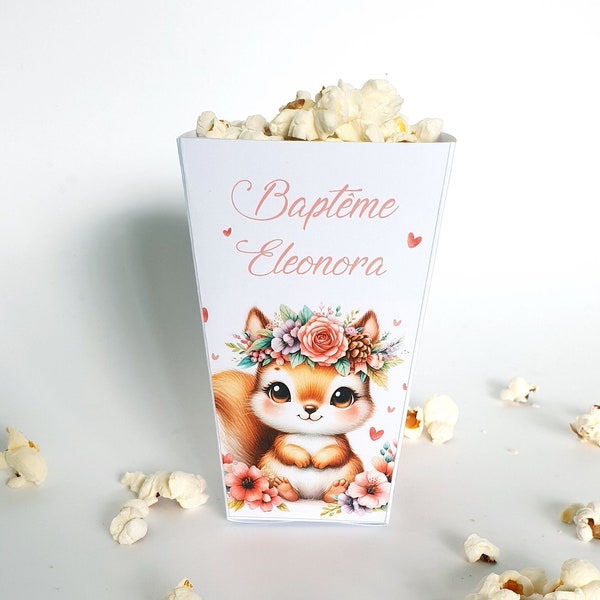 Boite pop corn, lot de 8 pots, baptême enfant, décoration baptême, boite bonbons ou dragées personnalisée, écureuil couronne de fleurs