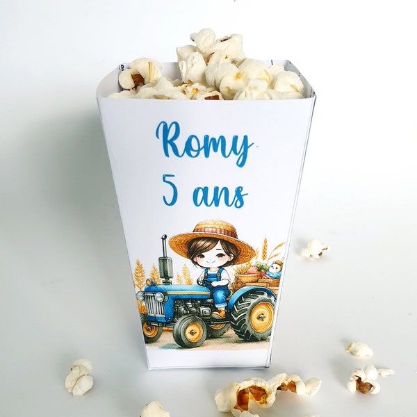 Boite pop corn, lot de 8 pots, anniversaire enfant, décoration ,pop corn, aquarelle personnalisée, fermière,tracteur