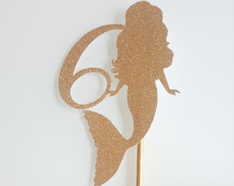 Decorative cake, Mermaid cake topper, gold, glitter, age, kids birthday party, Golden straw