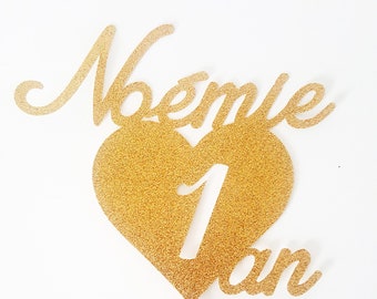 Décoration gateau,  cake topper, coeur, paillette, doré, anniversaire enfant, 1 an, glitter