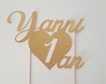 Decoration cake, cake topper, heart, glitter, gold, birthday child, 1 year old