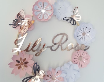 Crown flowers, first name, gift birth, birthday child, wall decoration, flowers paper, circle wood, babyshower, idea gift