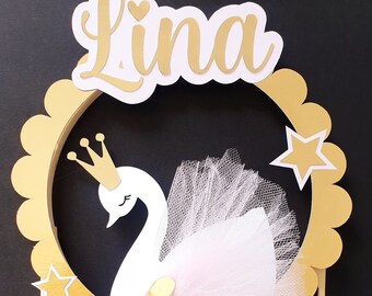 Décoration gâteau, cygne, tutu, cake topper, cercle bois, fête anniversaire enfant, personnalisé