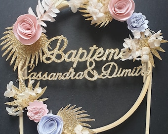 Décoration gateau - cake topper, cercle bois,esprit champêtre, fleurs sechées, fleurs papier, Baptême enfant, personnalisé