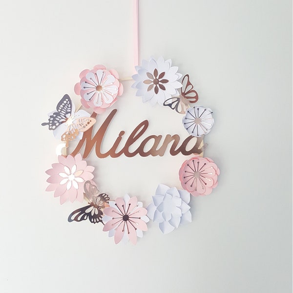 Couronne fleurs, prenom,cadeau naissance, anniversaire enfant,decoration murale,fleurs papier,cercle bois ,babyshower, idee cadeau