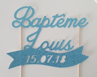 Décoration gâteau, bapteme enfant, prenom, personnalisé, date bapteme, turquoise pailleté, baptême