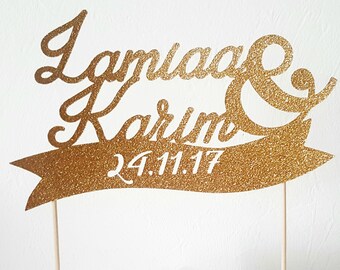 Cake decoration-2 names + & + date - glittery gold cakeTopper - wedding