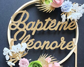 Cake decoration - cake topper, wooden circle, country spirit, dried flowers, paper flowers, child baptism, personalized