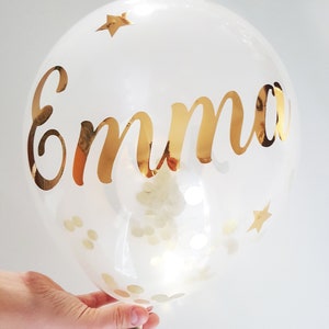 Personalized balloon, shiny first name, golden confetti balloon, stickers to stick on the balloon