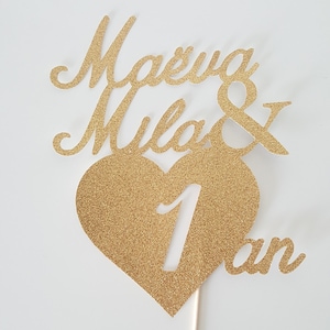 Cake decoration, cake topper, heart, sequin, golden, birthday child, twin, 1 year, glitter