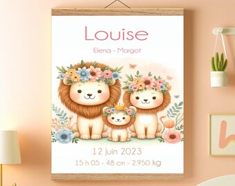 Affiche personnalisée, affiche naissance, aquarelle , famille lion, format A4, décoration chambre bebe, cadeau naissance, impression