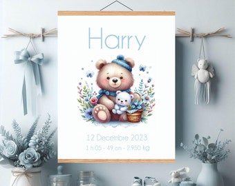 Affiche personnalisée, affiche naissance, aquarelle , nounours, format A4, décoration chambre bebe, cadeau naissance, impression