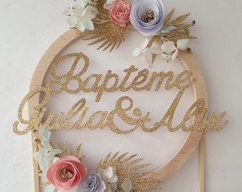 Décoration gateau - cake topper, cercle bois, esprit campagne, fleurs sechées, fleurs papier, Baptême enfant, personnalisé