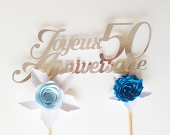 Decoration gateau, cake topper, joyeux anniversaire, 50 ans, argent, fleurs bleus, decoration de fete