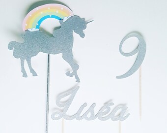 Décoration gâteau -prénom en pailleté argente + age papier agente + licorne -cake topper, arc en ciel