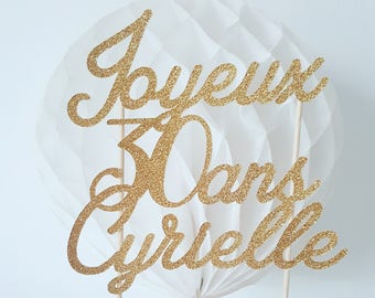 Décoration gâteau -joyeux-age-prenom - Topper dore pailleté -cake topper