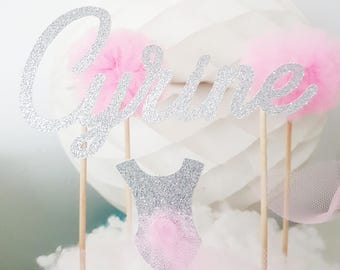 lot de 4 toppers pour anniversaire de danseuse - argenté pailleté et tulle rose -1 prénom -1 danseuse +2 pompons en tulle