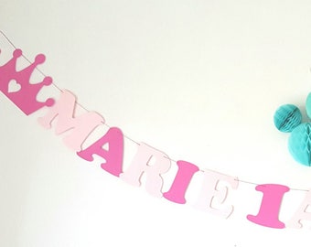 Princess garland + first names + age + 2 paper crowns on coated cotton cord - twin birthday