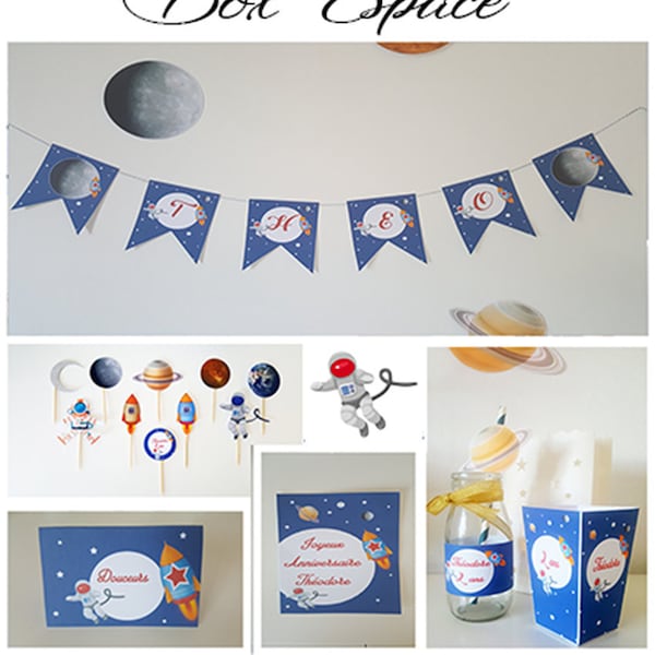 box,anniversaire, espace, fusée, astronaute,guirlande, boite pop corn, étiquette bouteille, decoration, pour 6  enfants