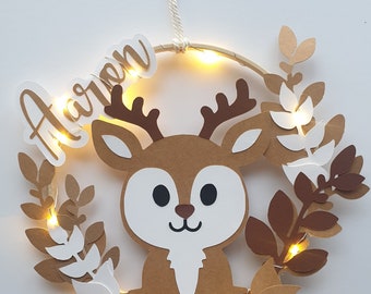 birth gift, decoration, baby room, first name, 210gr paper deer, bamboo circle, first name, night light, wall decoration, led