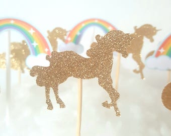 15 décorations pour petits gâteaux-  toppers licornes -nuages et arc-en-ciel cake toppers