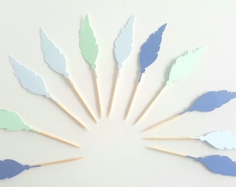 10 cupcakes (cupcake toppers) toppers - blue-green-festive Indian feather