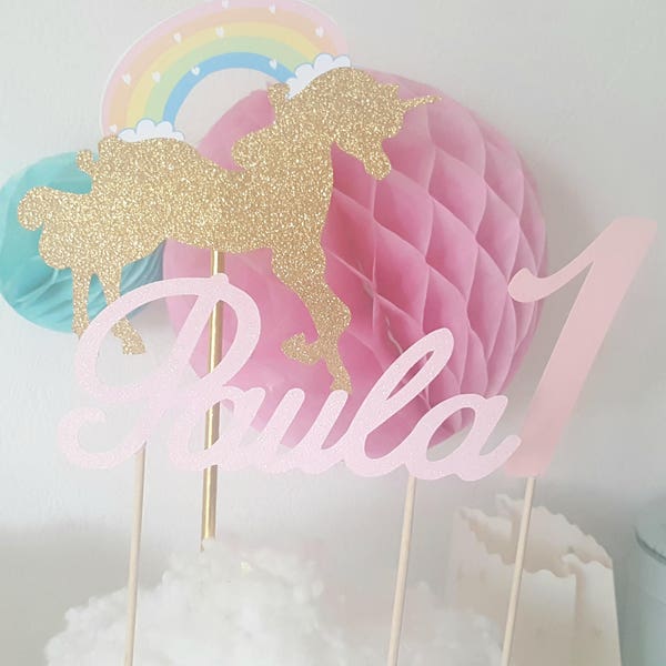 Décoration gâteau -prénom + age + licorne arc en ciel rose pailleté