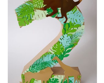 2 ans -chiffre décoré jungle, décoration anniversaire enfant, animaux de la jungle, singe, girafe, lion