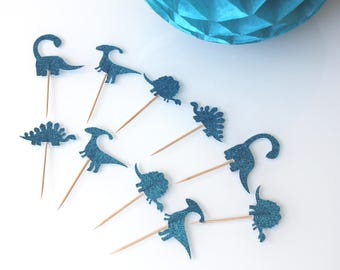 10 cupcakes (cupcake toppers) toppers - blue dinosaurs with glitter