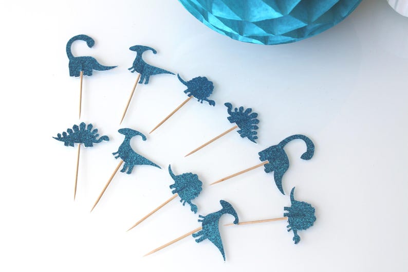 10 décorations pour petits gâteaux cupcakes toppers dinosaures bleus à paillettes image 1