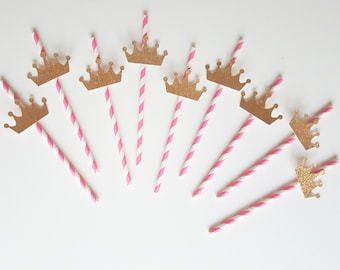 Paille couronne, anniversaire fille princesse, paille rose, couronne dorée,Lot de 9 , anniversaire rose doré, decoration candy bar