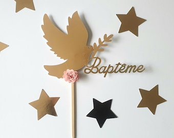 Cake topper,décoration gateau, colombe, doré brillant, fleur rose, personnalisé