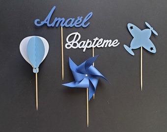 lot de 5 toppers pour anniversaire ou baptême-bleu et blanc, avion, montgolfière, moulin, prénom, personnalisation