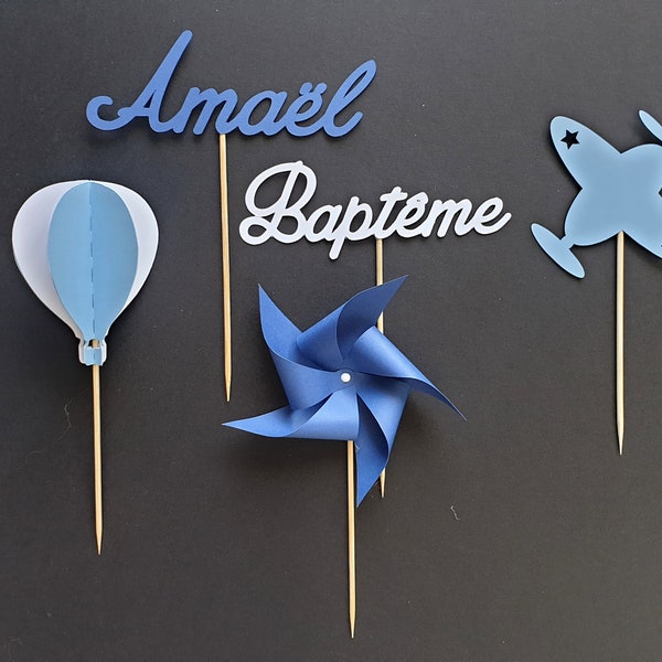 lot de 5 toppers pour anniversaire ou baptême-bleu et blanc, avion, montgolfière, moulin, prénom, personnalisation