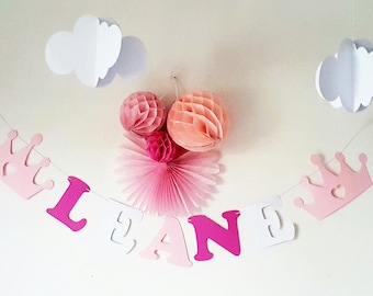 Guirlande prénom en papier sur cordon en coton enduit - pour anniversaire-couronne-princesse - rose