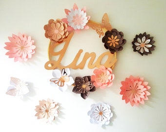 Couronne fleurs, prenom,cadeau naissance, anniversaire enfant,decoration murale,fleurs papier,cercle bois ,babyshower, idee cadeau