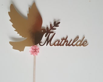 Cake topper, cake decoration, dove, bright golden, pink flower, personalized