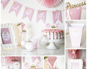 Lot pour babyshower "little princess" -rose et doré -couronnes et étoiles - 6 personnes