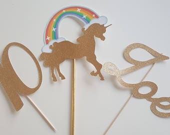 Décoration gâteau -prénom en pailleté dore+ age + licorne arc en ciel