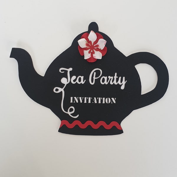 6 Cartes invitation anniversaire tea time, théière fleurs, noir blanc et rouge, imprimée et personnalisée, Tea party