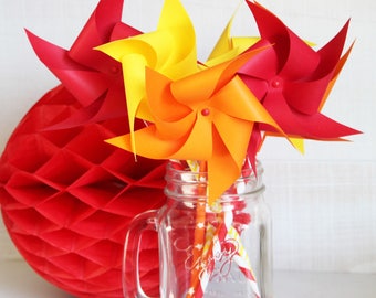 15 paper windmills (120gr), mounted on vintage cardboard straws, table decoration