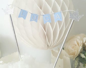 Décoration- guirlande prénom pour gâteau - bleu et argenté- couronnes-prince-cake topper