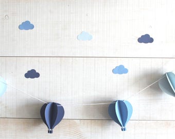 Guirlande de 6 montgolfières pour décorer une chambre de bébé ou pour une baby shower - Tons de bleus