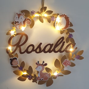 birth gift, decoration, baby room, first name, forest animals, bamboo circle, first name, night light, wall decoration, led