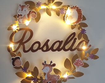 birth gift, decoration in 210 gr paper, baby's room, first name, forest animals, bamboo circle, night light, wall decoration, led