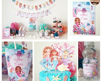 Box anniversaire sirènes ,lot décoration pour anniversaire-baby shower ou baptême, sur le thème sirène