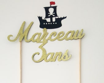 Cake decoration, cake topper, birthday, pirate ship, child, fete, glittery dore, personalized