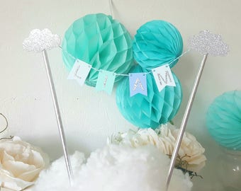 Decoration - first name garland for cake - blue-green and silver - glittery silver clouds